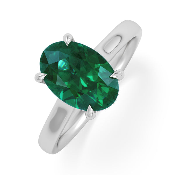 Amora Gem 2.00ct Oval Cut Lab Emerald Hidden Halo Engagement Ring in 18K White Gold